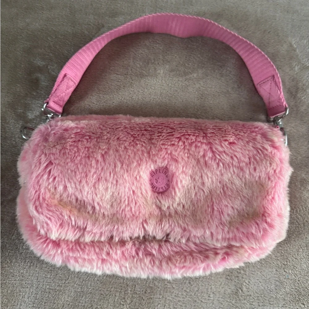 Kipling Aras Furry Shoulder Bag Pink Y2K Barbiecore Faux Fur - Picture 2 of 13